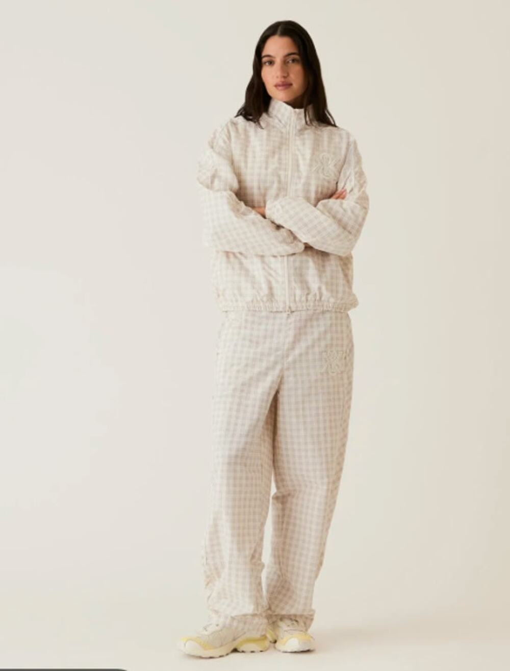 Kith Pants Womens Large Azariah Check Track White Plaid Nylon Streetwear Casual